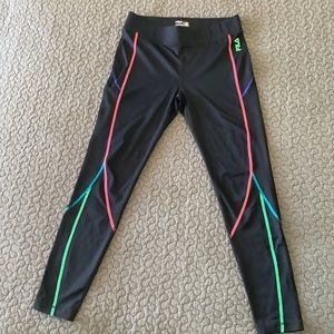 FILA Running Leggings, Black With Multi-Color Stitching, Size Medim